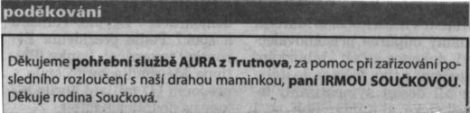 Poděkování Pohřební službě AURA Trutnov