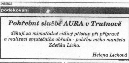 Poděkování Pohřební službě AURA Trutnov
