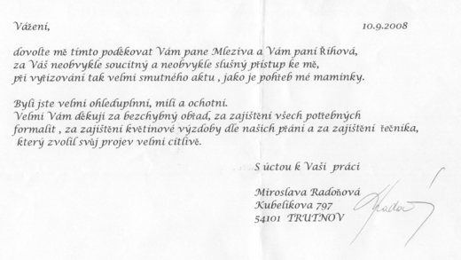 Poděkování Pohřební službě AURA Trutnov