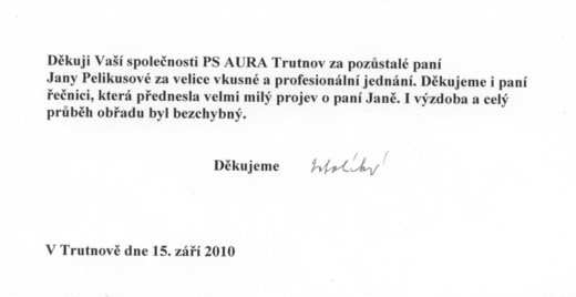 Poděkování Pohřební službě AURA Trutnov