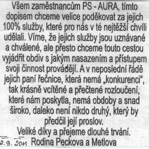 Poděkování Pohřební službě AURA Trutnov