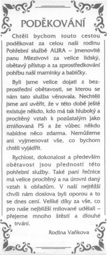 Poděkování Pohřební službě AURA Trutnov