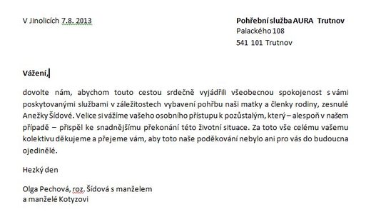 Poděkování Pohřební službě AURA Trutnov