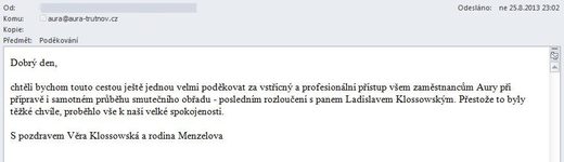 Poděkování Pohřební službě AURA Trutnov