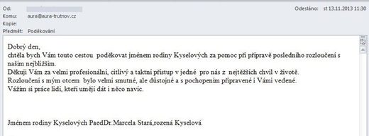 Poděkování Pohřební službě AURA Trutnov