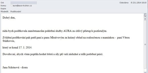 Poděkování Pohřební službě AURA Trutnov