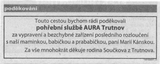 Poděkování Pohřební službě AURA Trutnov