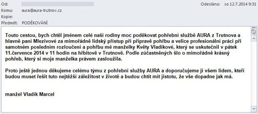 Poděkování Pohřební službě AURA Trutnov