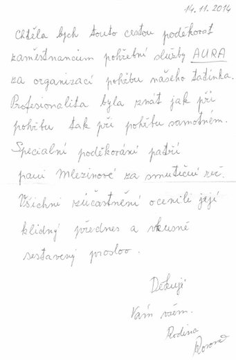 Poděkování Pohřební službě AURA Trutnov