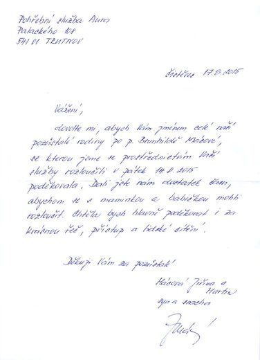 Poděkování Pohřební službě AURA Trutnov