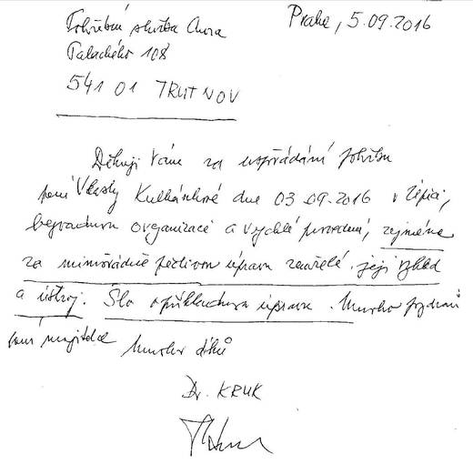 Poděkování Pohřební službě AURA Trutnov