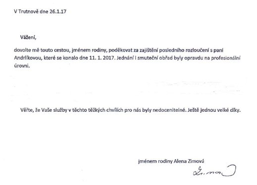 Poděkování Pohřební službě AURA Trutnov