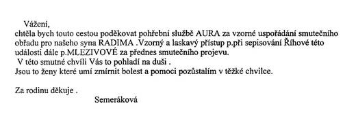 Poděkování Pohřební službě AURA Trutnov