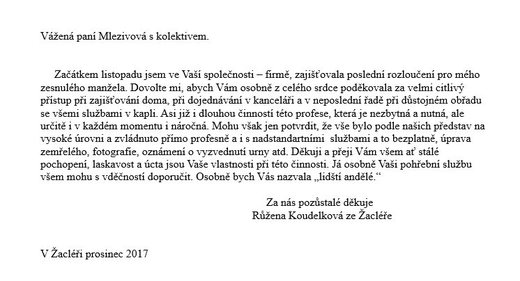 Poděkování Pohřební službě AURA Trutnov