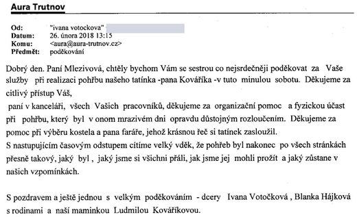 Poděkování Pohřební službě AURA Trutnov