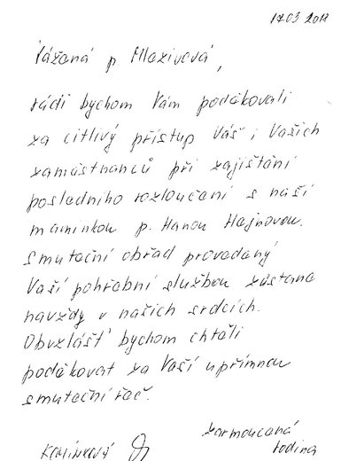 Poděkování Pohřební službě AURA Trutnov