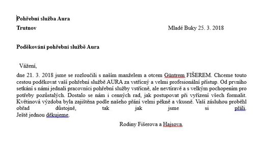 Poděkování Pohřební službě AURA Trutnov