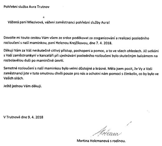Poděkování Pohřební službě AURA Trutnov
