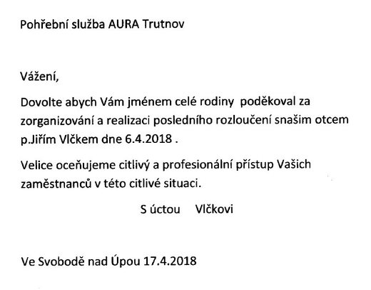 Poděkování Pohřební službě AURA Trutnov