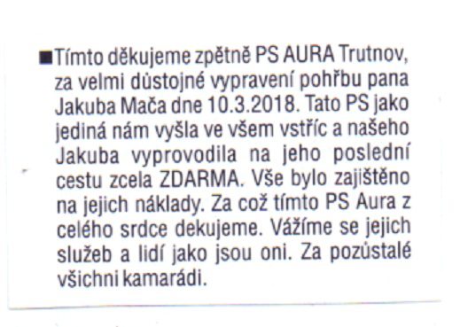 Poděkování Pohřební službě AURA Trutnov
