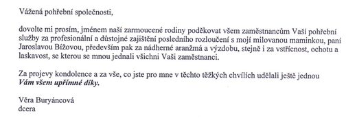 Poděkování Pohřební službě AURA Trutnov