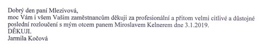 Poděkování Pohřební službě AURA Trutnov