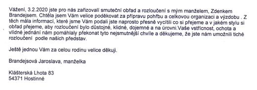 Poděkování Pohřební službě AURA Trutnov