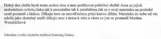 Poděkování Pohřební službě AURA Trutnov