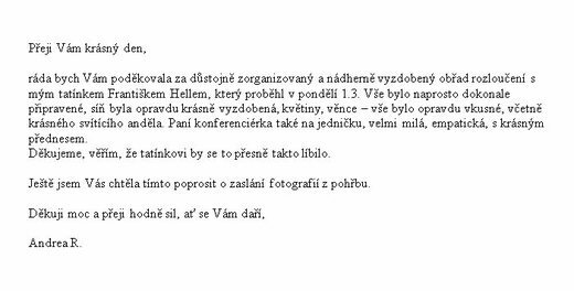 Poděkování Pohřební službě AURA Trutnov